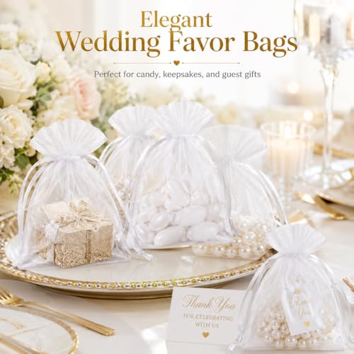 Image of Hopttreely 50pcs White Organza Bags, 4x4.72 inch Mesh Bags Drawstring Gift Bags Jewelry Pouches for Candy Wedding Favors Christmas, Bridal Showers, Candy, Jewelry & Goodie Bags