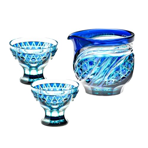 [島津興業]島津薩摩切子 片口酒器揃 C-201 ルリ緑 グラス ガラス 工芸品