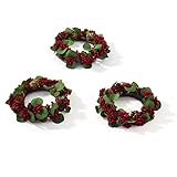 LampLust Winter Candle Rings, Set of 3 Mini Wreaths With Pine Cones & Red Berries, Fit 3 Inch Pillar Candles, Table Decor, Farmhouse Mantel Decor