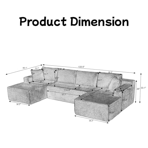 Image of 133.5 inch U Shaped Couch, Modular Sectional Sofa with Chaise, Corduroy U Shaped Boneless Couch with Deep Seat, Upholstered Modular Cloud Sofa for Living Room, No Assembly Required, Green