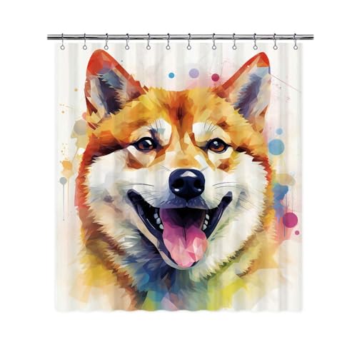Ganshan Bi Lovely Shiba Inu Dog Shower Curtain Colorful Painting Dog Puppy Pet Animal Print Bath Curtains for Bathroom Home Decoration with 12 Hooks 66x72 Inch White Style 4