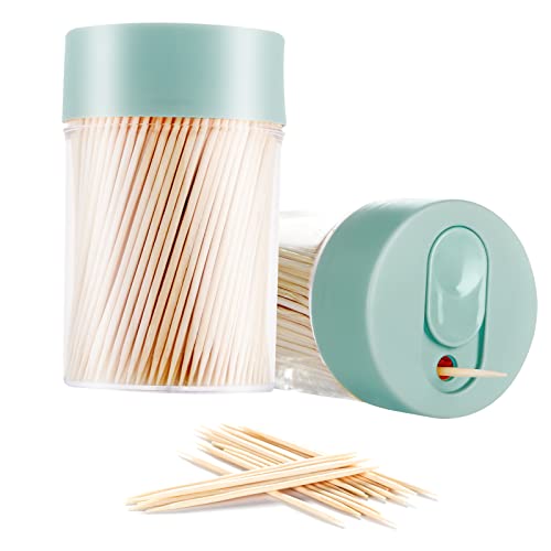 TRTRin Bamboo Wooden Toothpicks [3000 Count]-With 2-Pack Reusable Toothpick Holder, Sturdy Smooth Finish Tooth Picks, For Appetizer, Olive, Barbecue, Fruit, Teeth Cleaning Toothpicks, Green.