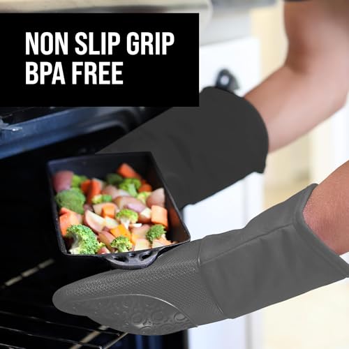 Image of BPA-Free Soft Silicone Oven Mitts - Ultra Heat Resistant Oven Mitts with Thick Cotton Liner - Long Slip Resistant Pot Holders, Flexible Oven Gloves - Gray 13.7 inch