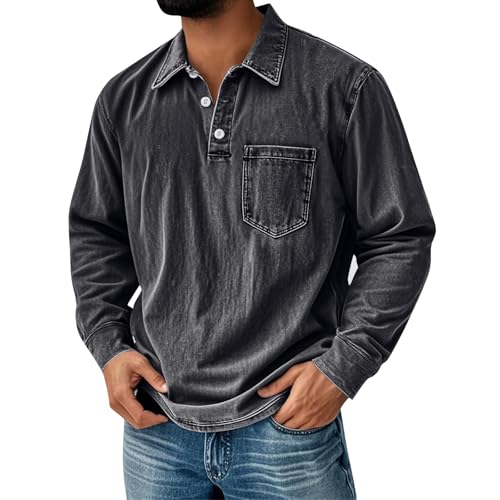 Denim Shirt Men,Mens Long Sleeve Shirts Retro Distressed Lapel Stand Collar Pocket Casual Shirt