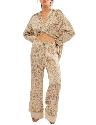 Image of Arssm Satin Pajama Set for Women Silk Pajamas Set 2 Piece Floral Pj Set Long Sleeve Button Down Pjs Sleepwear