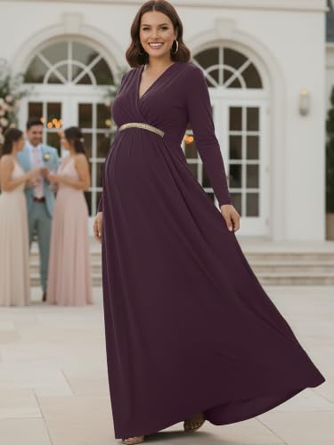 Image of KOH KOH Womens Maternity Long Sleeve V-Neck Flowy Winter Maxi Dress Gown