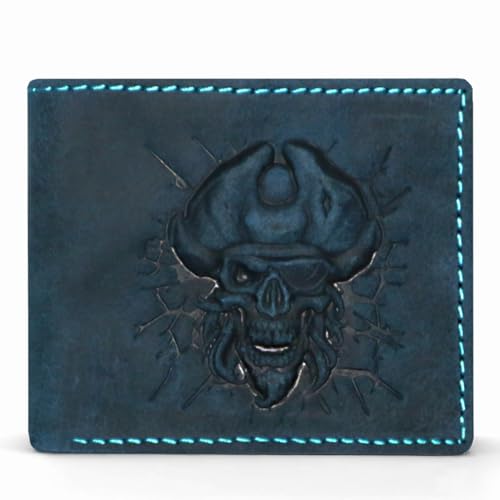 Wallet For Men- 3D Embossed Pirates Captian Skull Themed Design Bifold Vintage Distressed Genuine Leather Wallet With Two Cash Pockets And Six Card Slots (Blue)