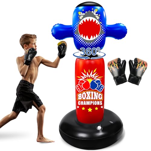 Punching Bag for Kids, Hyperzoo Heavy-Duty Punching Bags 360Â°Rotating Inflatable Shark Kids Boxing Bag, Freestanding Heavy Boxing Bag Toy Christmas Birthday Gift for Boys Girls 3+ with Gloves, 63\"