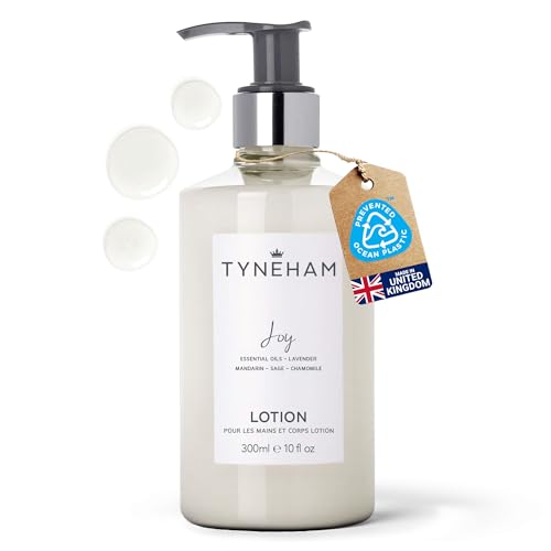 TYNEHAM Joy Hand and Body Lotion 300ml Clear Bottle – Natural Body Moisturiser, Hydrating Vegan Hand Cream Pump, Cruelty-Free Lotion with Essential Oils, Refillable Pump Dispenser, Made in England