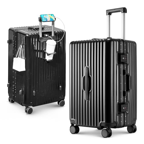 Hardside Carry On Luggage with Cup Holder & USB/Type-C Charging Port, Aluminum Frame, Zipperless Design, TSA Lock, Extra-Wide Shell – Smart Travel Suitcase Carry-On or Checked (Black, 20Inch)