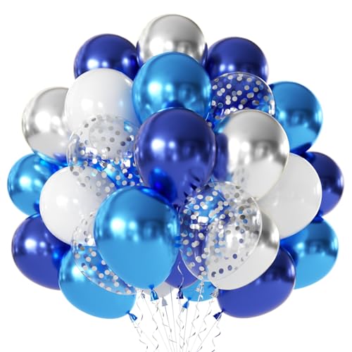Image of Blue White Silver Confetti Balloons - 50pcs 12 inch Metallic Blue Silver and Clear White Confetti Latex Balloons for Graduation Father's Day Birthday Wedding Anniversary Bridal Shower Party Decorations