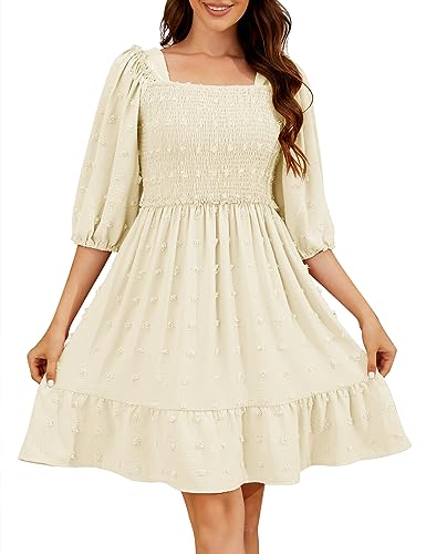 Dressystar Spring Dress for Women 2024 Casual Smocked Swiss Dot Dress Lantern Sleeve Flowy Ruffle Party Cocktail Dress