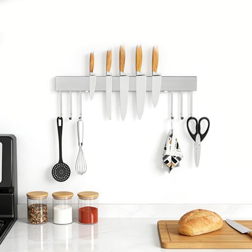 SMART&COOL Magnetic Knife Holder for Wall with 6 Hooks - 40CM Stainless Steel Knife Magnetic Strip, Extra Strong Rack for Knives, Kitchen Utensils and Tools - Image 4