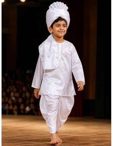 Image of BookMyCostume Haryanvi Boy Indian State Traditional Fancy Dress Costume for Kids 5-6 years | White Color | Polyester | Ideal for Competitions & Cultural Events