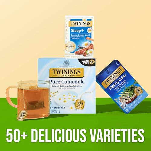 Image of Twinings Superblends Sleep+ Herbal Tea with 1mg Melatonin Camomile, Cinnamon & Vanilla, Naturally Caffeine-Free, Enjoy Hot or Iced, 16 Tea Bags (Pack of 2)