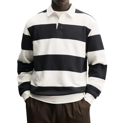 Image of DGZTWLL Mens Striped Long Sleeve Rugby Shirt - Casual Half Zip Collared Top for Everyday Wear and Outdoor Activities White XXL