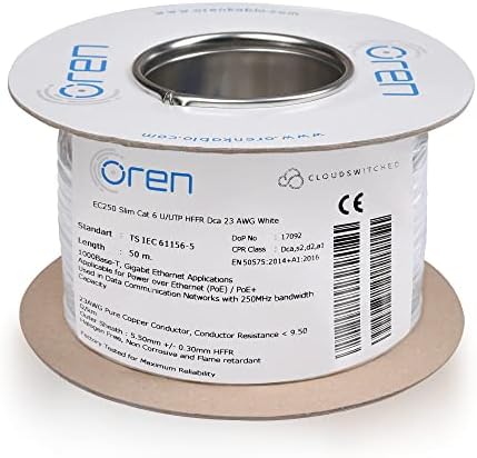 Oren CAT6 50m Ethernet Cable White - Slim - 23 AWG Pure Copper Wire - 250 MHz Bandwidth UTP Internet LAN Network Cable - Halogen Free, Non-Corrosive - Gigabit High Speed Ethernet Cable