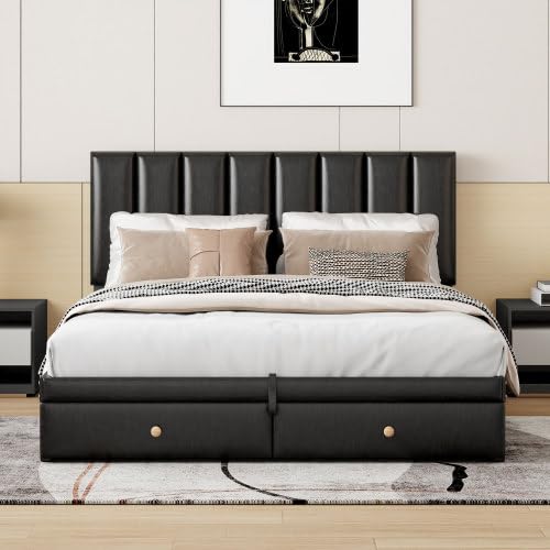 Queen-Size-Upholstered-Bed-with-Hydraulic-Storage-System-and-Drawer-Black Queen Size Upholstered Bed with Hydraulic Storage System and Drawer Black