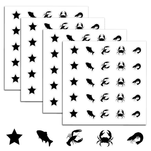 PRESSINART 500Pcs Wedding Food Stickers Meal Stickers for Food Fish Lobster Crab Shrimp Stars Pattern 0.8 Inch Black Wedding Menu Indicator Decal Plastic Waterproof Label for Place Card Party Supplies