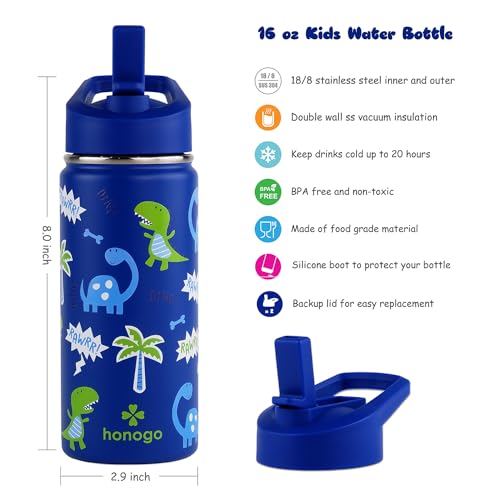 honogo 16 oz Stainless Steel Insulated Kids Water Bottle, Leak Proof Metal Thermal Flask with Straw lid, Cute Toddler Tumbler Cup for School Girls & Boys (Blue, Dino) by honogo - Image 2