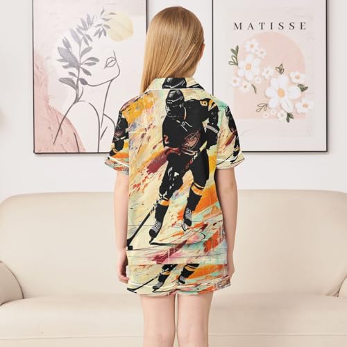 ALAZA Ice Hockey Player Oil Painting Satin Pajamas Set Short Sleeve Button Down Sleepwear Summer Pjs 2 Piece4