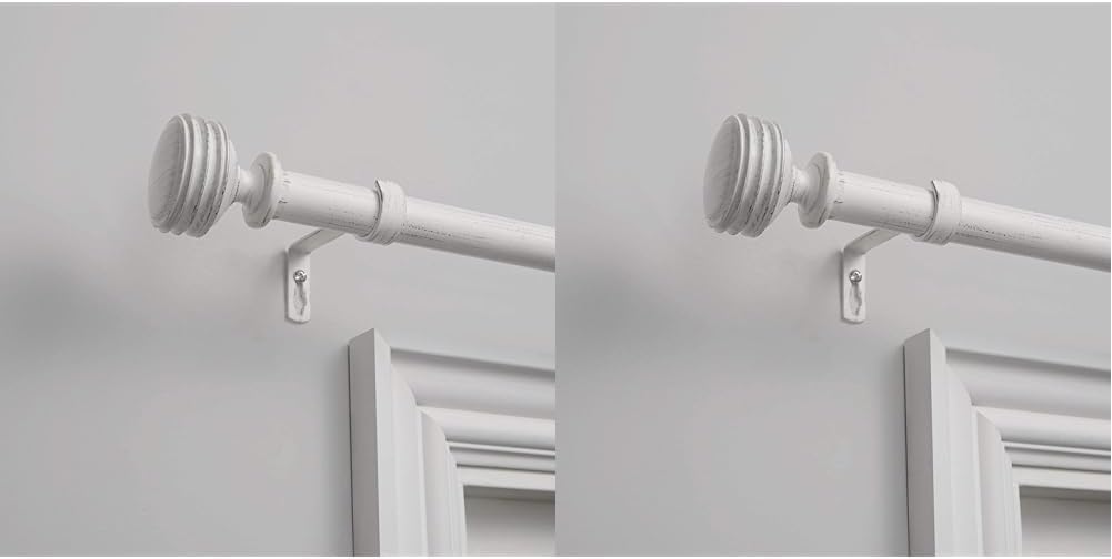 Exclusive Home Duke 1" Distressed White Curtain Rod and Finial Set, Adjustable Lengths 66"-120" and 36"-72"