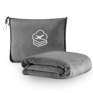 Travel Blanket, Soft 2-in-1 Airplane Blanket, 65×40 Inches, Travel Essentials Car Blanket with Luggage Sleeve & Backpack Clip (Light Grey)