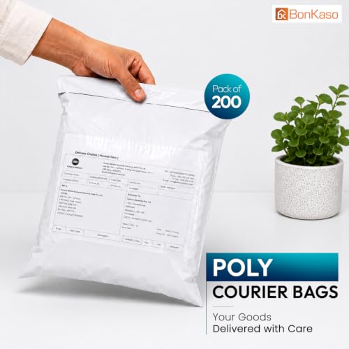 Image of BonKaso 12x16 Inch Poly Courier Bags with POD | 55 Micron Tamper-Proof Self-Seal Plastic Envelopes for Secure Shipping & Packaging | Waterproof Mailer Pouch - Pack of 200