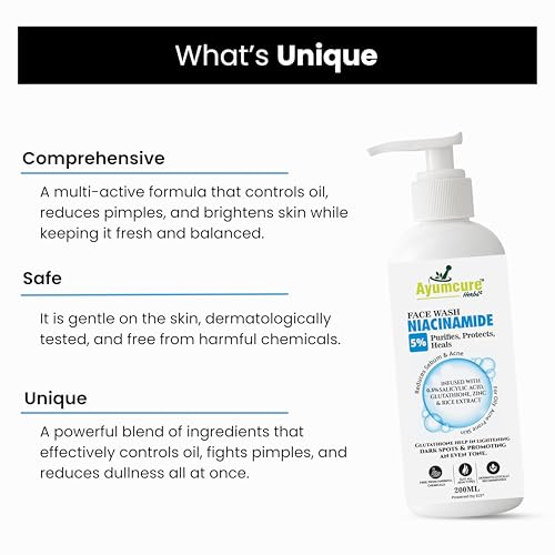 Image of Ayumcure 5% Niacinamide Face Wash 200g | with 0.5% Salicylic Acid, Glutathione, Zinc & Rice Extract | Anti-Acne, Brightening Cleanser for Combination & Oily Skin | Unisex Daily Face Wash (Pack of 2)