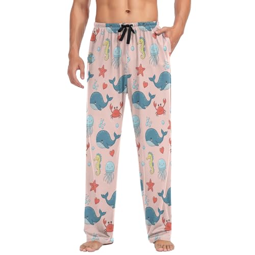 Cute Sea Animals Whales Lounge Pants Men with Pockets Drawstring Stretch Comfortable Men's PJ Bottoms S3