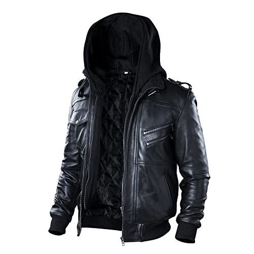 Lambskin Leather Motorcycle Jacket for Men - Genuine Leather Bomber Jacket with Removable Hood