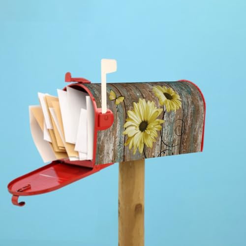 Image of Rustic Daisy Board Mailbox Cover Magnetic, Yellow Sunflowers Vintage Wood Grain Plank Mailbox Wrap Letter Post Box Cover for Yard Garden Outside Home Decor, Standard Size 21x18 Inch