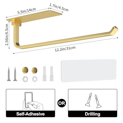 Paper Towel Holder - Self-Adhesive or Drilling, Gold, Upgraded Aluminum Kitchen Roll Dispenser Under Cabinet, Lighter but Stronger Than Stainless Steel! - Image 6