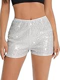 Women's Sequin Sparkle Elastic High Waist A Line Party Concert Shorts (Silver,M)