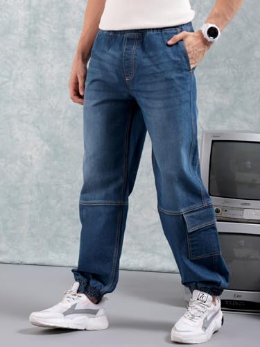 Image of The Indian Garage Co Men Loose Fit Solid Mid-Rise Stretchable Denim Joggers