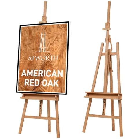 ATWORTH American Oak Inclinable Studio Art Easel, Hold Canvas up to 48”, Deluxe Wooden Large Adjustable A-Frame Lyre Style Floor Painting Easel Stand with Storage Tray, Natural Oil Finish Cover