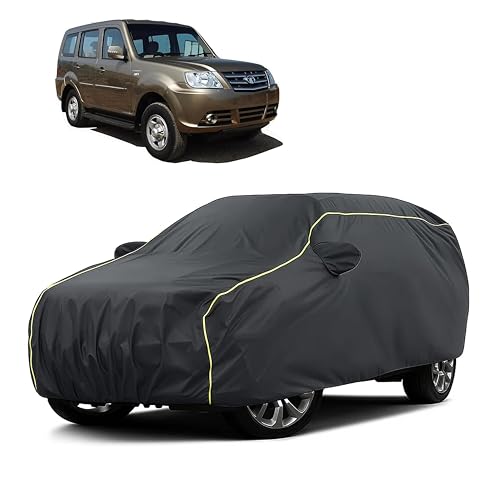 Image of Sulfar 100% Water Resistant Car Body Cover Compatible with Mirror for Tata Sumo Grand Dicor (Triple Stitched, Full Bottom Elastic, Dark Grey Taffeta with Yellow Piping)