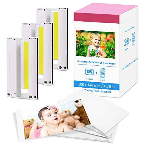 Fimax KP108IN Papel Fotografico Compatibles con Canon Selphy CP1300 CP910 CP1200 CP1000 CP900 CP800, KP-108IN Papel Fotográfico 10cm x 15 cm (3 Cartuchos de Tinta, 108 Hojas Paper) Cover