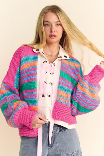 Women's Rose Stripe Colorful Puff Sleeve Drop Shoulder Loose Cardigan4