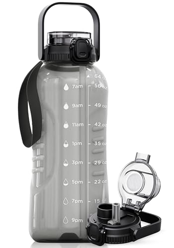 AQUAFIT 64 oz Water Bottle with Time Marker - 2in1 Straw & Chug Lid - BPA Free Big Water Bottle with Straw - Gym Water Bottle with Strap - Water Jug (64 Ounces, Gray)