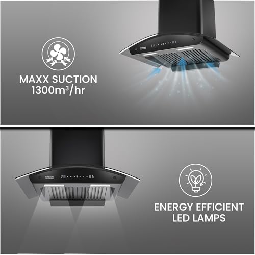 Image of Hindware Smart Appliances Lyra 75 Auto Clean Kitchen Chimney with Max Suction 1300 m3 /hr | Energy Efficient LED Lamps | Thermal Auto Clean Technology | Motion Sensor | Kitchen Chimney