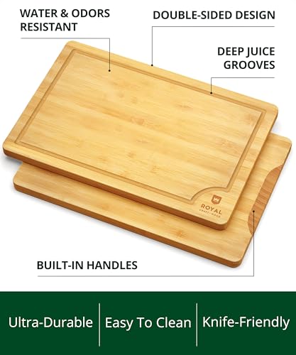 ROYAL CRAFT WOOD Wooden Cutting Boards for Kitchen Meal Prep & Serving - Bamboo Wood Serving Board Set with Deep Juice Groove Side Handles - Charcuterie & Chopping Butcher Block for Meat