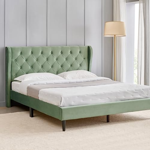 Image of Home Centre | Helios Bravo Roxy Upholstered King Size Bed Without Storage | Engineered Wood | Green | 1 Year Warranty