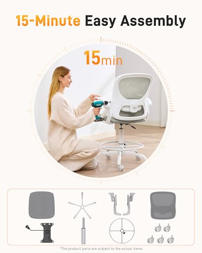 Image of LukkDys Drafting Chair with 4D Multi-Adjustable Backrest, Tall Office Chair 19.7 inch-27.6 inch Seat Height, Ergonomic Standing Desk Chair with Flip-up Arms, Foot Ring, Grey&White