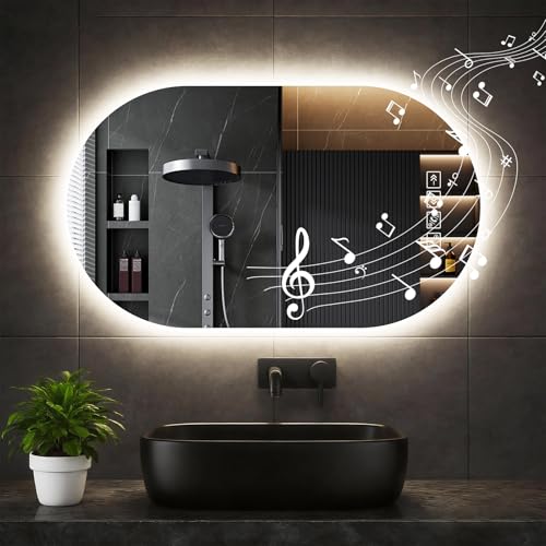Dibaful Bluetooth Baño Espejo Con Luz Led|50*75cm Elipses de Luz de Baño Espejo de Pared con Interruptor Táctil, Anti-vaho, 3 Colores Regulable, Función de Memoria Inteligent Retroiluminada Iluminada