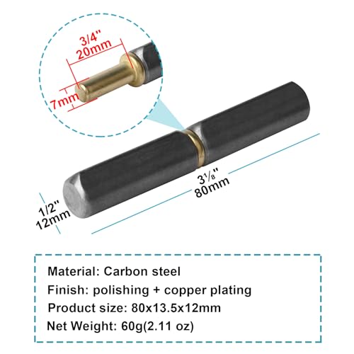 20 Pack Weld On Bullet Hinges 3-1/8\" Long 1/2\" Diameter, Carbon Steel Weldable Barrel Hinges, Heavy Duty Detachable Gate Door Hinge for Swing Door, Trailer Ramp, Pin OD 7mm