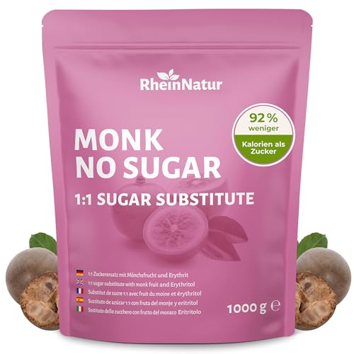 RheinNatur dulcorante Edulcorante natural de fruta del monje 1 kg - Sustituto 1:1 de azúcar a base de fruta del monje y eritritol - Apto para veganos y diabéticos - Envase de 1000 g