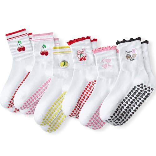DZSoCoki Grip Socks Pilates,4/6Pairs Cotton Cute Pilates Socks for Women, Ruffle Grippy Sock for Yoga Barre Hospital 5-10in (6PairsFruit-2Pink+2Red+1Yellow+1Brown)