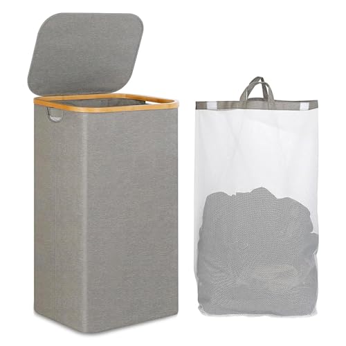 100L Large Laundry Basket, 15.94" * 12.99" * 29.53" Laundry Basket with Lid, Waterproof Freestanding Tall Clothes Hamper Collapsible Laundry Bag, for Bedrooms Laundry Room, Bathroom - Grey