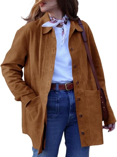 Tankaneo Womens Faux Suede Shirts Jackets Casual Button Down Long Sleeve Shackets Coat Trendy 2025 Spring Clothes2